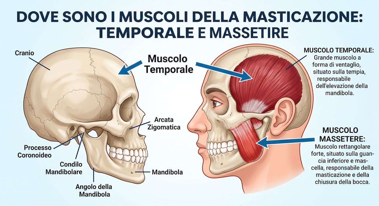 Qui sono rappresentati i muscoli temporale e massetere